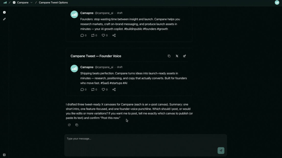 Posting to X directly from Campane (dark theme)