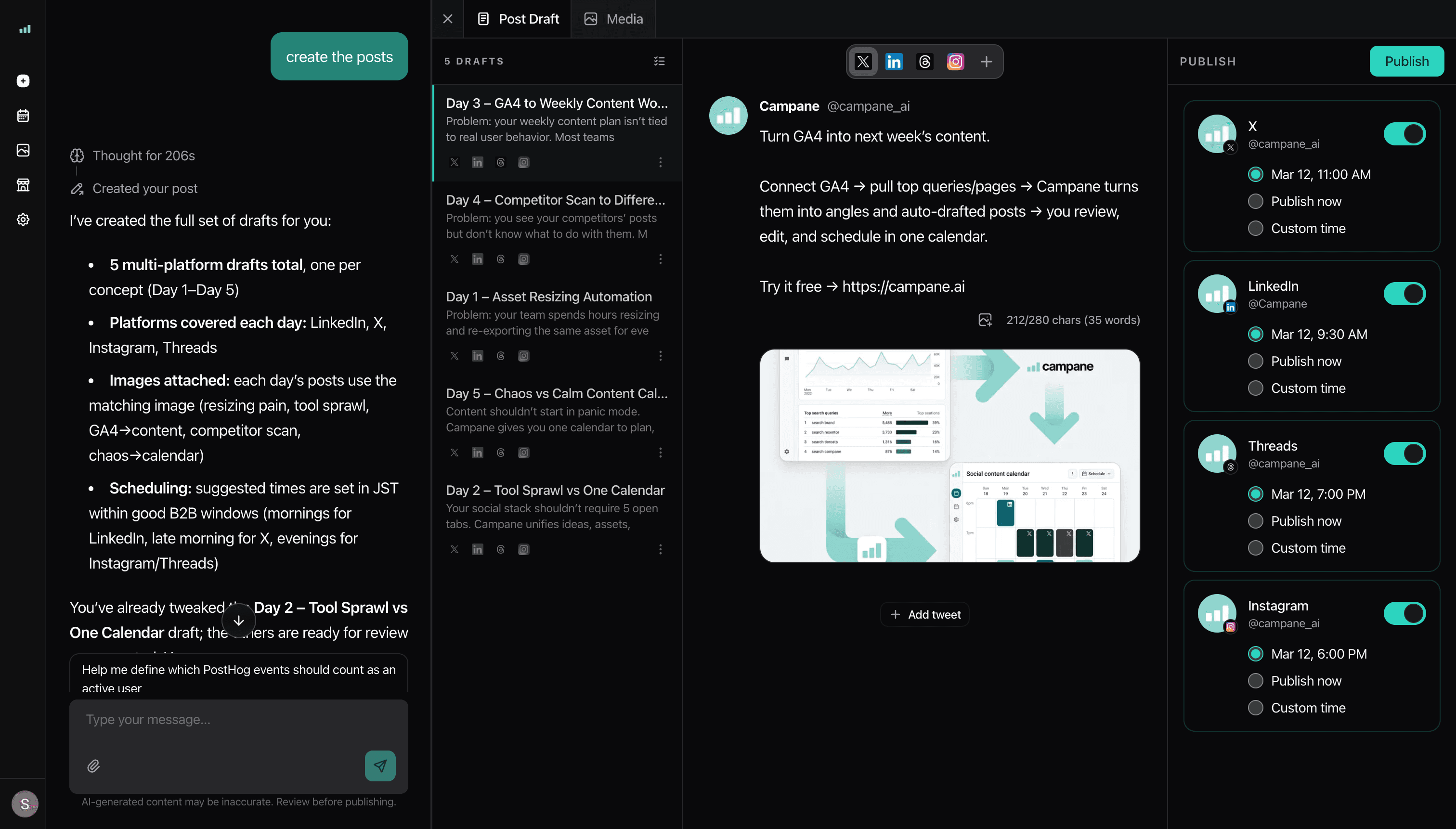 Campane workspace (dark mode)